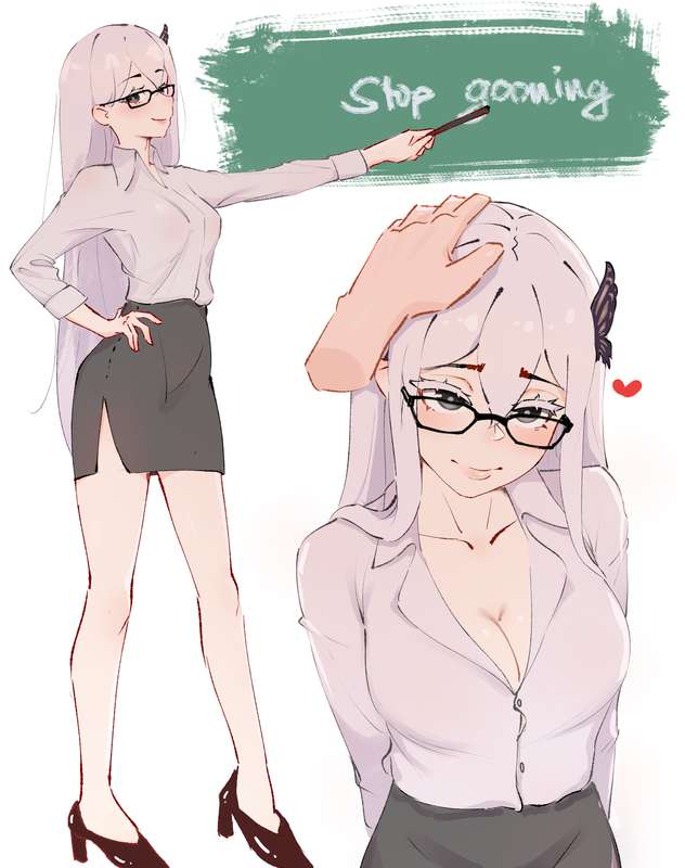1girls, babywipes, big breasts, black eyes, breasts, echidna (re:zero), female, glasses, hair, head pat, headpat, long hair, office lady, re:zero kara hajimeru isekai seikatsu, simple background, solo, solo female, teacher, white background, white eyebrows, white hair