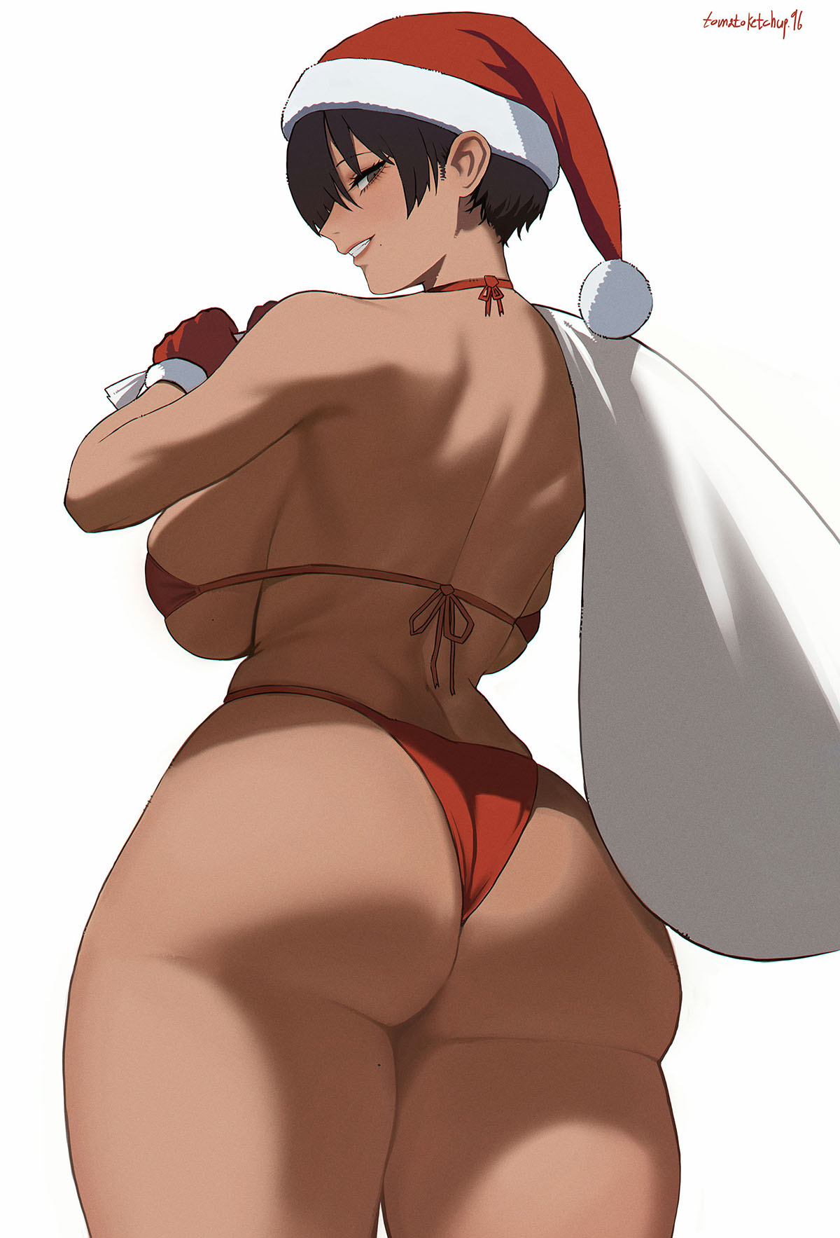 1girls, ass, ass focus, big ass, big breasts, bikini, black hair, breasts, christmas, curvy, dark skin, dark-skinned female, fat ass, female, female only, from behind, gloves, grin, hat, highres, huge breasts, large ass, large breasts, looking at viewer, looking back, mole, mole under mouth, original, original character, red bikini, red gloves, red hat, santa hat, short hair, simple background, smile, solo, solo female, swimsuit, thick, thick thighs, thighs, tomatoketchup96, tomboy, very short hair, voluptuous, white background