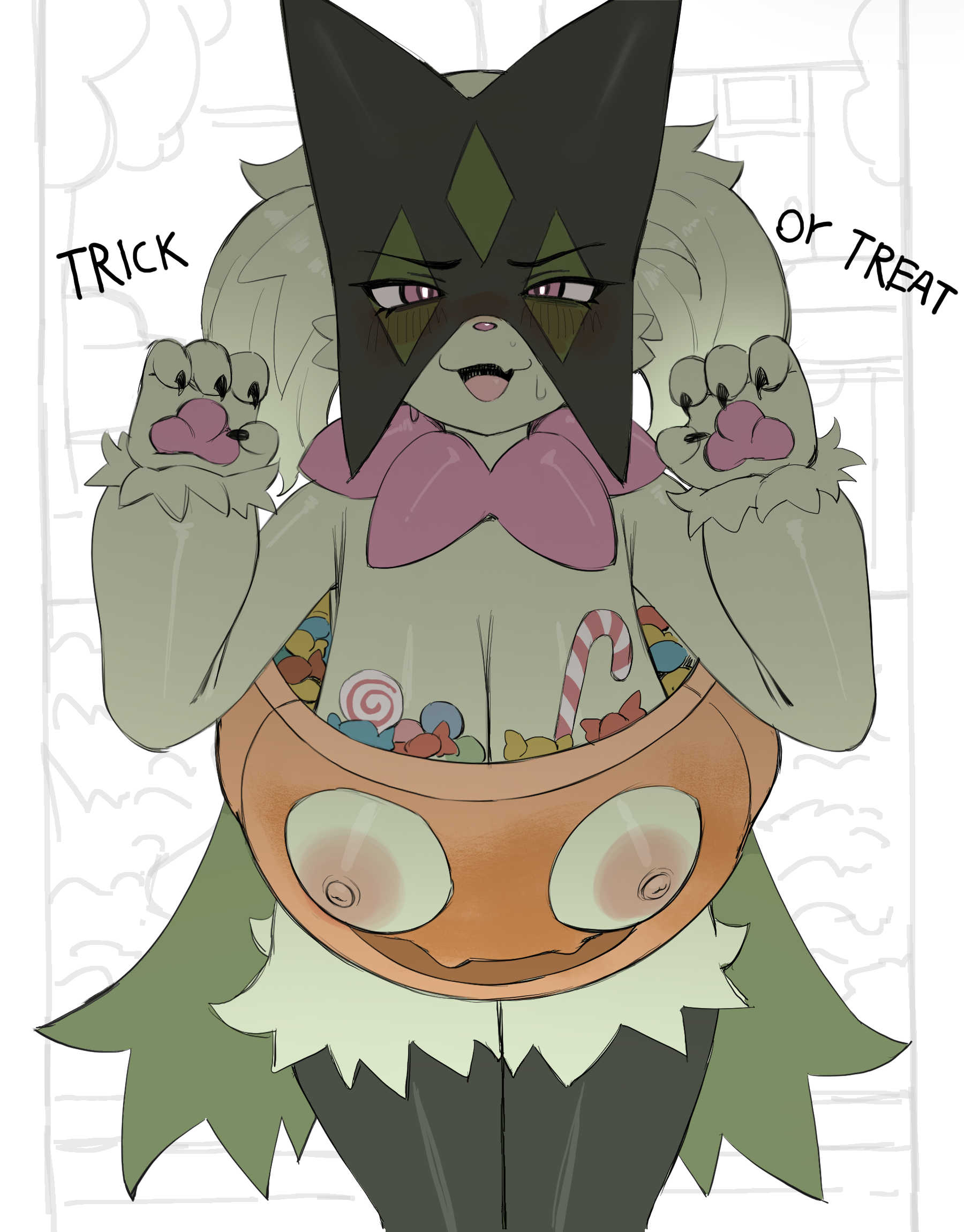 areola, areolae, big breasts, blush, breasts, candy, cat ears, cat girl, cat humanoid, catgirl, claws, exhibitionism, felid, felid humanoid, feline, feline humanoid, fur, furry, furry female, furry only, generation 9 pokemon, green body, green fur, halloween, halloween pumpkin, huge boobs, huge breasts, jingzhou14848, looking at viewer, meowscarada, nipples, paw pose, pawpads, paws, pink eyes, pokemon, pokemon (species), pumpkin, sagging breasts, trick or treat, zhou135627