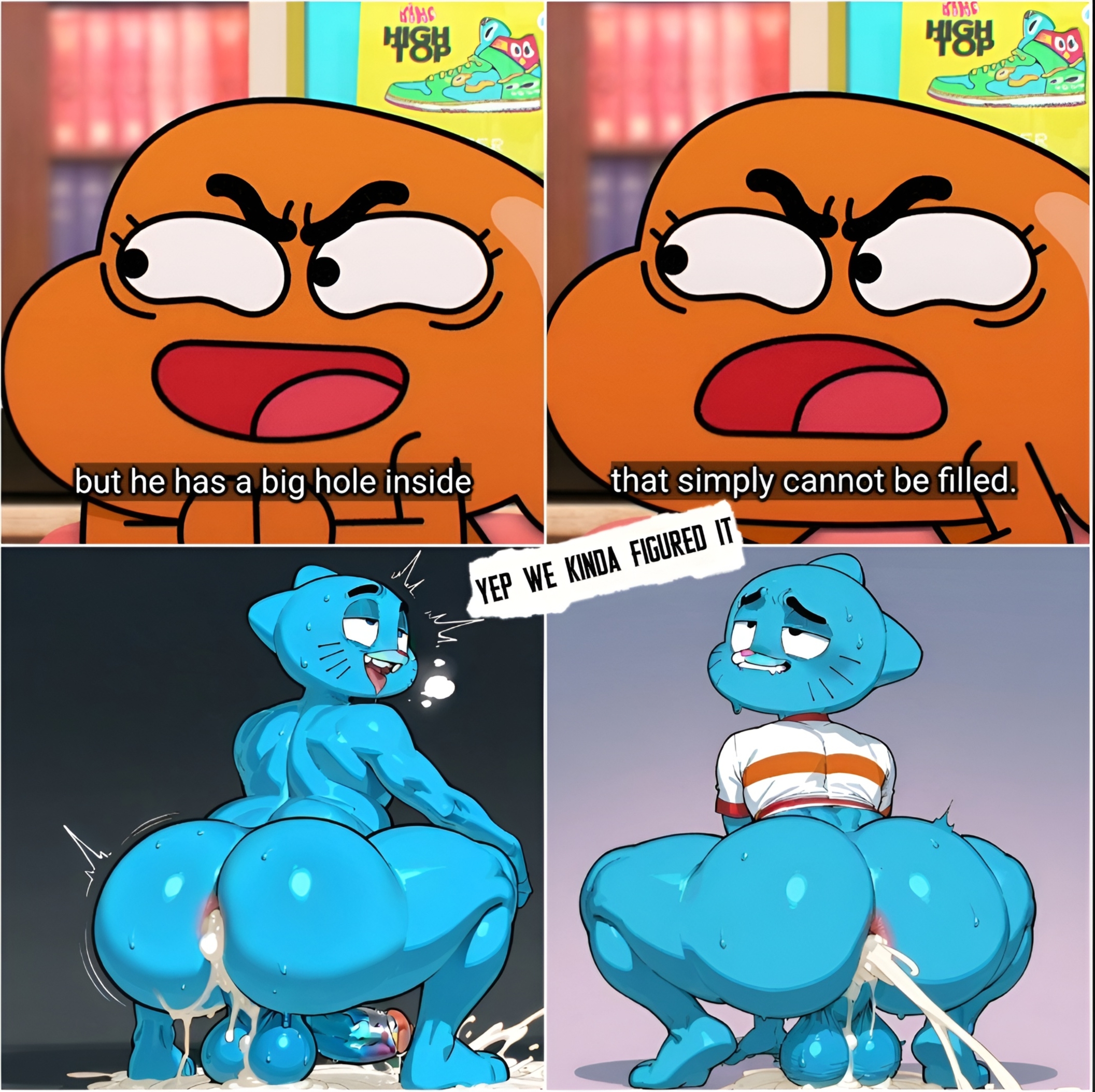 ahe gao, ai generated, asking, bed, big ass, big butt, big cock, big dick, big penis, big thighs, brothers, cartoon network, comic, comic page, comic panel, cum, cumming, darwin watterson, dotal, excessive cum, fat ass, fat thighs, gay, gumball watterson, hulu, incest, looking at viewer, looking back, looking pleasured, male, needy, night, penis, phone, pleasure face, pleasured face, squatting, temptation, tempting, text, text box, text bubble, the amazing world of gumball, the wonderfully weird world of gumball, tremble lines, tremble spikes, trembling, trembling for pleasure