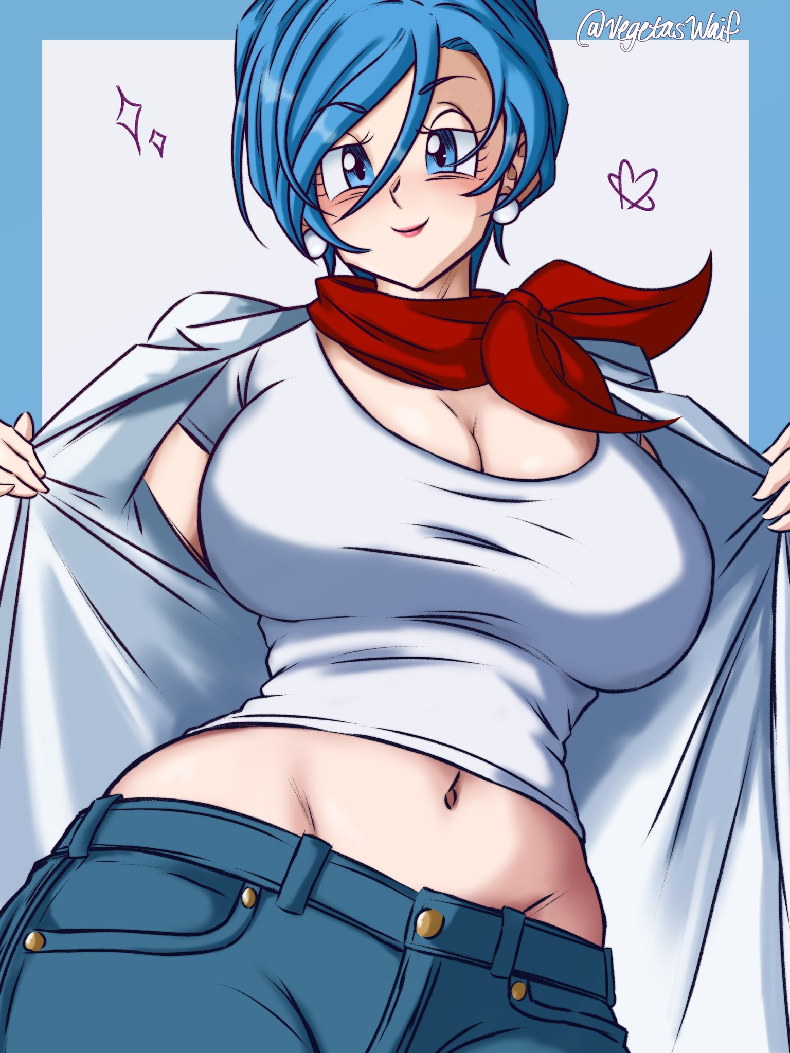 1girls, belly, belly button, blue eyes, blue hair, breasts, bulma, bulma (dragon ball), bulma briefs, bulma briefs (frieza saga), curvy, curvy body, curvy female, curvy figure, dragon ball, female, female focus, female only, looking at viewer, showing breasts, smile