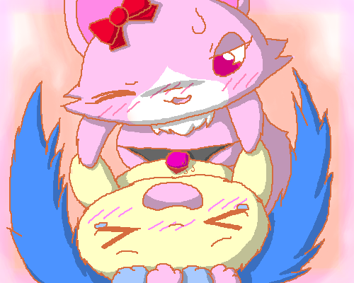 2girls anthro blush canine closed_eyes cute duo feline female female_only furry garnet_(jewelpet) jewelpet jewelpet_(species) one_eye_closed penetration sapphie_(jewelpet) sex simple_background strap-on tearing_up vaginal_penetration yuri