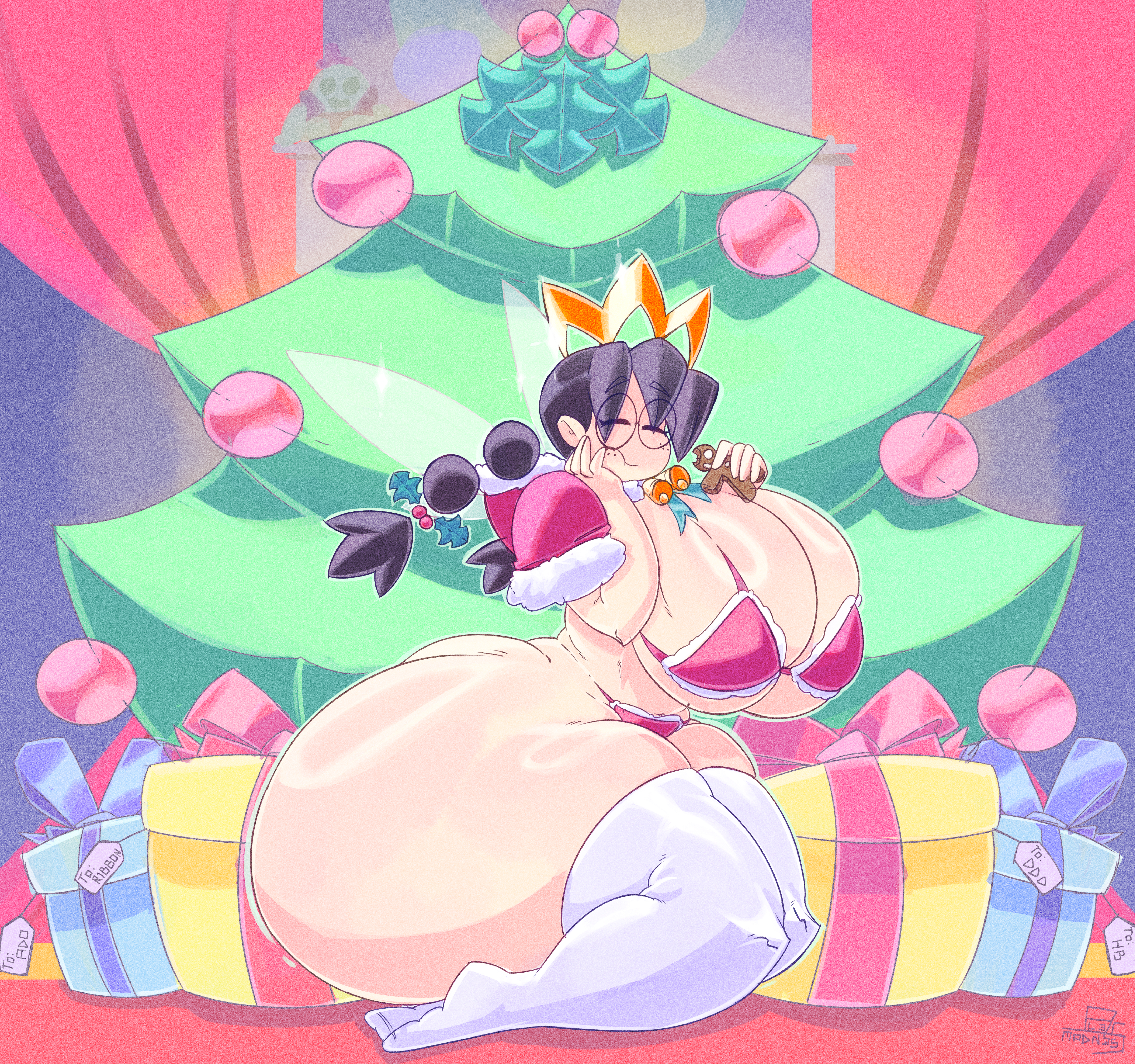 2025, alesmadness1, ass, ass bigger than head, big ass, big breasts, black hair, bra, breasts, christmas, christmas outfit, christmas present, christmas tree, closed eyes, commission, commission art, commissioner upload, crown, curvy, curvy female, curvy figure, eating, fairy, fairy queen, fairy wings, freckles, freckles on face, giant fairy, gift, gift box, glasses, hal laboratory, holidays, kirby (series), kirby 64, kirby 64: the crystal shards, kneeling, legwear, long hair, mistletoe, nintendo, on knees, queen ripple, round glasses, royalty, solo, solo female, solo focus, thick legs, thick thighs, voluptuous, voluptuous female, wings