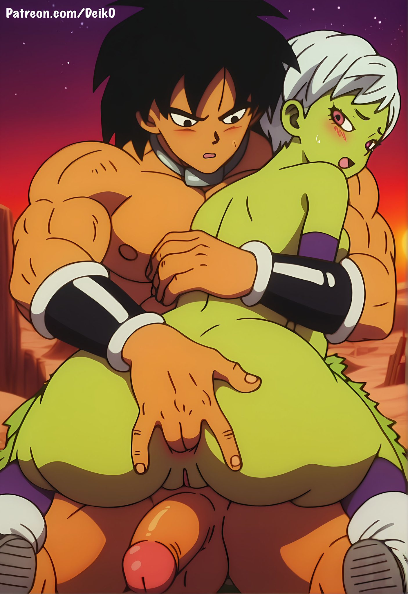 ai generated, anal fingering, broly, broly (dragon ball super), cheelai, colored skin, completely nude, deik0, dragon ball, dragon ball super, female, fingering, fingering ass, fingering partner, green skin, interspecies, interspecies sex, large ass, muscular male, open mouth, outdoors, pink eyes, saiyan, short hair, upright straddle, white hair