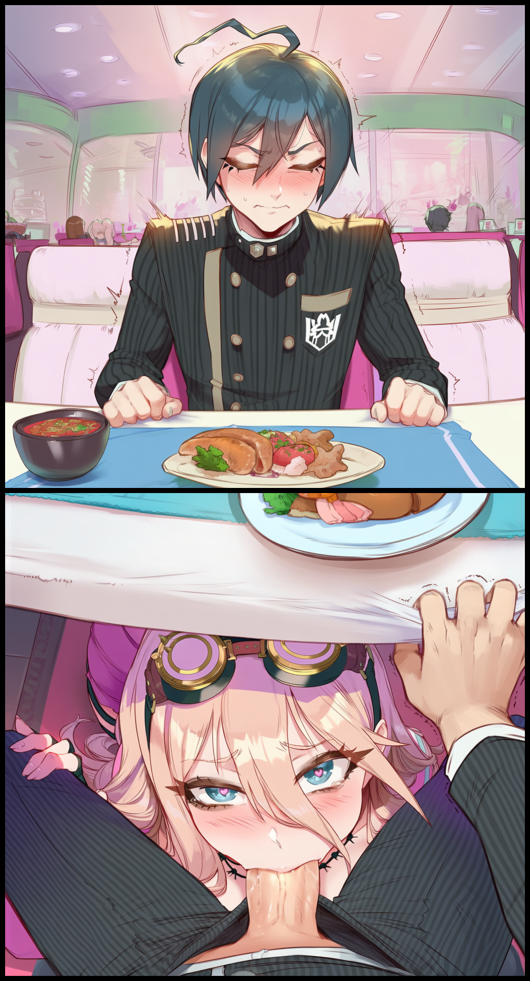 1boy, 1girls, ahoge, ai generated, between legs, blonde hair, blowjob, blue eyes, blue hair, blush, closed eyes, danganronpa, danganronpa v3, embarrassed, eye contact, fellatio, female, fingerless gloves, food, goggles, hair between eyes, hands on legs, heart-shaped pupils, iruma miu, jacket, kneeling, kneeling oral position, long hair, male, motion lines, nervous, pants, penis, pov, pov blowjob, pov crotch, pov eye contact, pov male, public, public fellatio, public sex, restaurant, saihara shuuichi, sitting, stealth fellatio, stealth sex, straight, sweat, table, trembling, under the table, wavy mouth