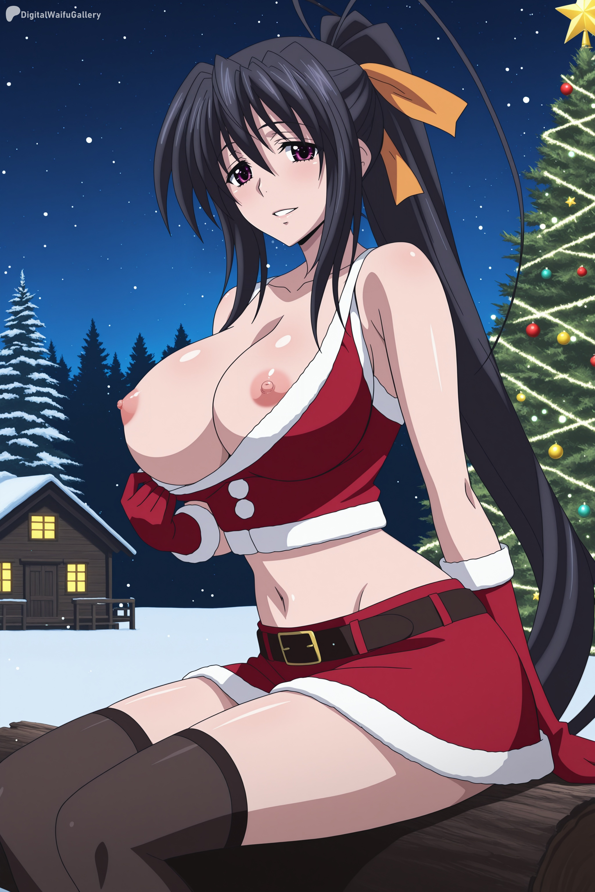ai generated, akeno himejima, bare shoulders, belt, black hair, black legwear, blush, breasts, breasts outside, christmas tree, digitalwaifugallery, elbow gloves, female, female only, gloves, hair ribbon, hi res, high quality, high resolution, high school dxd, himejima akeno, large breasts, long hair, looking at viewer, midriff, navel, night, nipples, parted lips, patreon, ponytail, purple eyes, red gloves, red skirt, ribbon, santa costume, seductive, sexy, sitting, skirt, sky, smile, solo, star (sky), starry sky, thighhighs, uncensored, very long hair, watermark