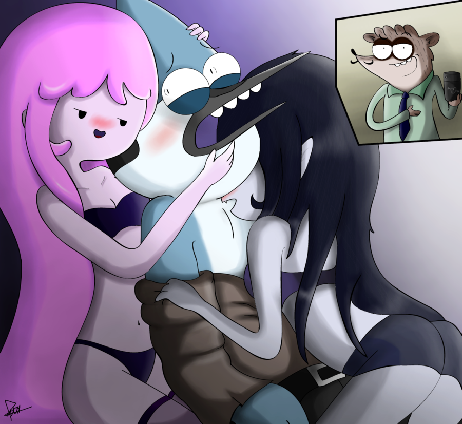 2boys 2girls adventure_time anthro ass bikini black_bikini black_hair blue_jay blush clothed cologne crossover female grey_skin humanoid male marceline mordecai_(regular_show) mustache perfume perfume_bottle pink_hair pink_skin princess_bubblegum raccoon regular_show rigby_(regular_show) stockings tagme the-butch-x the_butcher_(artist) threesome vampire