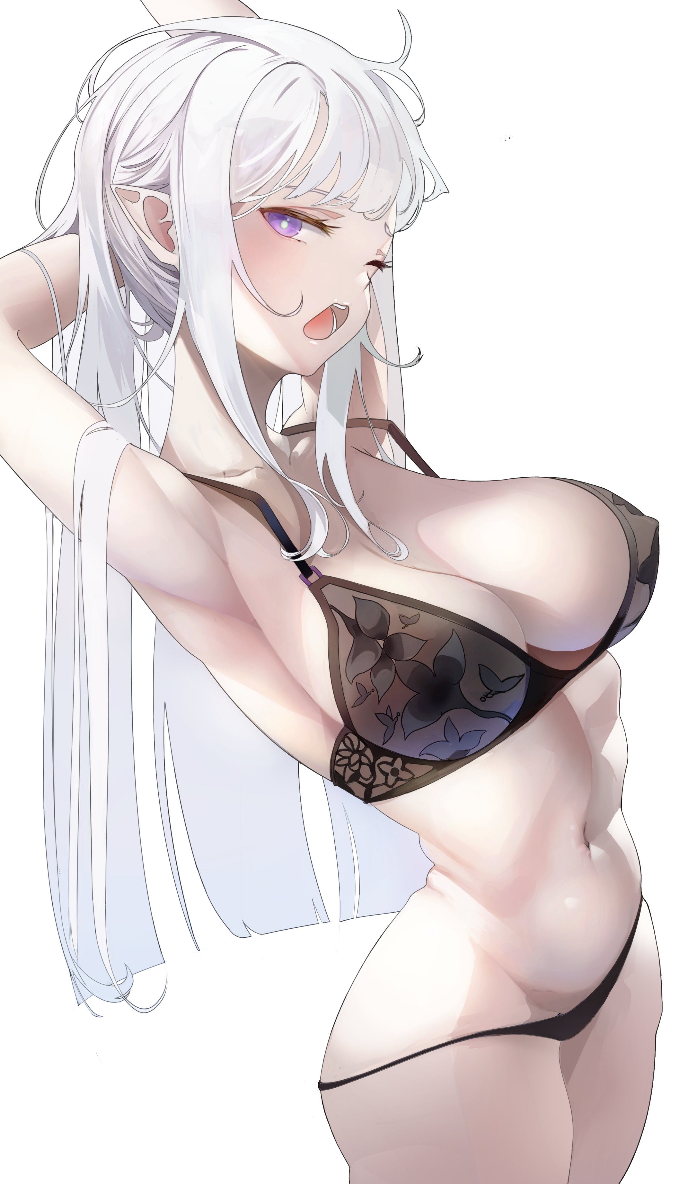 1girls, armpits, arms up, belly, black bra, black lingerie, black panties, boobs, elf, elf ears, elf female, emilia (re:zero), hips, ishiiteru, large breasts, pastelu, purple eyes, re:zero kara hajimeru isekai seikatsu, sideboob, silver hair, solo, standing, thick thighs, underwear, waking up, white background