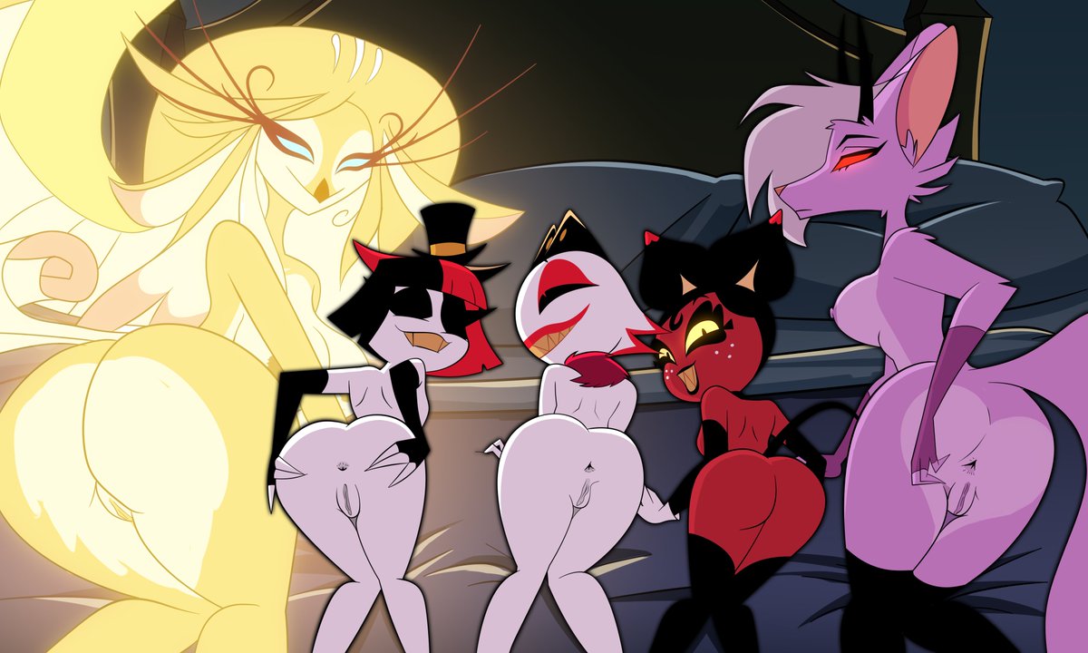 5girls, bed, character request, deadinside97, hazbin hotel, huskettes (hazbin hotel), nude, presenting ass, presenting pussy, purple hellhound (hazbin hotel), speaker of god (hazbin hotel)
