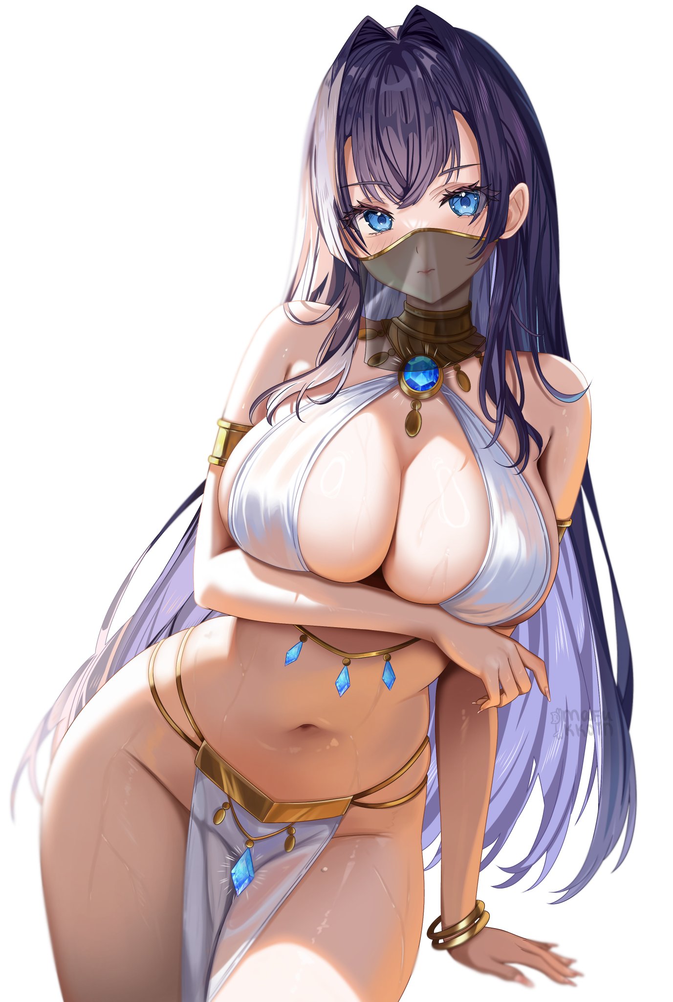 alternate costume, blue eyes, blue hair, bracelet, breasts, cleavage, detached sleeves, female only, gem, harem outfit, hololive, hololive english, large breasts, loincloth, long hair, mafukkoin, navel, ouro kronii, pelvic curtain, see-through, solo, stomach, veil, virtual youtuber