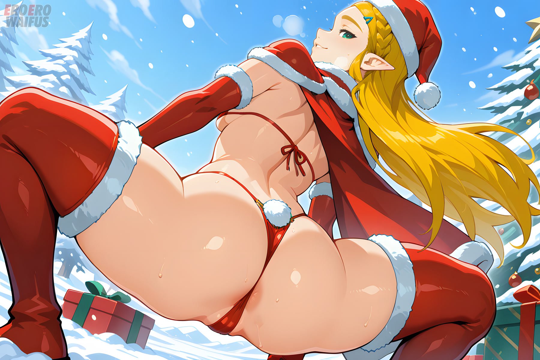 ai generated, back view, backboob, bare thighs, big ass, big butt, bikini, blonde hair, breath of the wild, christmas, elf ears, eroero waifus, fat ass, gigantic ass, green eyes, huge thighs, light skin, light-skinned female, long hair, looking back, low-angle view, massive ass, medium breasts, nintendo, oiled body, oiled skin, princess zelda, santa costume, santa hat, smiling, solo female, squatting, sweat, sweatdrop, the legend of zelda, thick body, thick female, thick thighs, thighhighs, thighs, voluptuous, voluptuous female, zelda (breath of the wild)