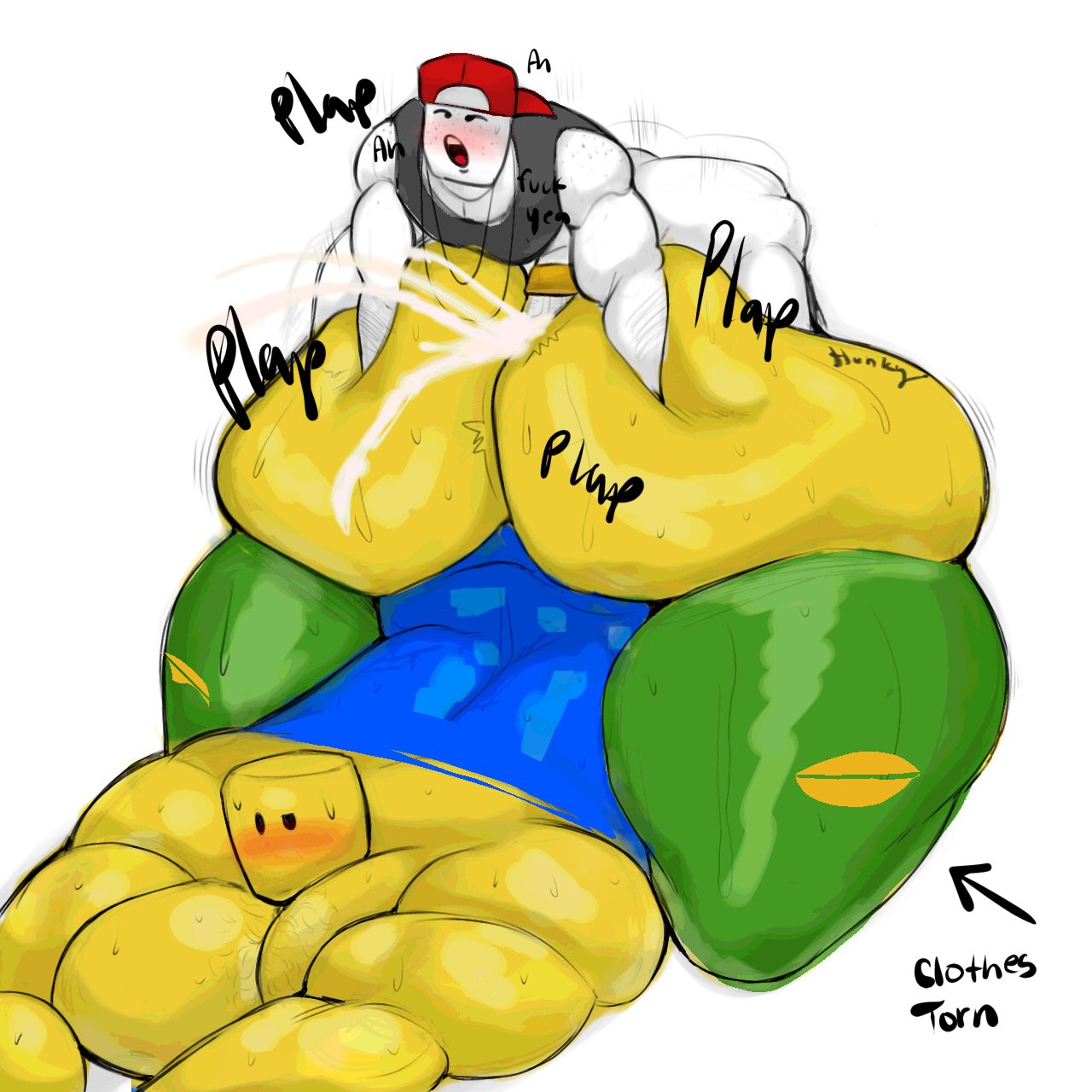 2d, 2d (artwork), 2d artwork, 3am, bara, bara ass, bara body, bara tits, baseball cap, big ass, big breasts, big butt, big chest, big legs, big muscles, big penis, big tits, big titties, blush, bottomless, bottomless male, clothes ripping, clothes torn, clothing, cum, cum drip, cum inside, cumming from anal sex, cumming inside, cumming while penetrating, cumshot, gay, gay domination, gay male, gay sex, hat, hat only, hunkyhuesnsfw, male nipples, male only, male penetrating male, male pubic hair, male/male, moaning, mouth, mouth open, noob (roblox), nsfw, penetrated, penetrating, penetration, penetration from behind, penis, penis in ass, plap, pubic hair, ring, roblox, robloxian, sex, small dom big sub, small top big bottom, smaller male, sweatdrop, sweating, sweaty, sweaty body, tattoo, tattoo on butt, topless, topless male, white body, white skin, yaoi, yellow body, yellow skin