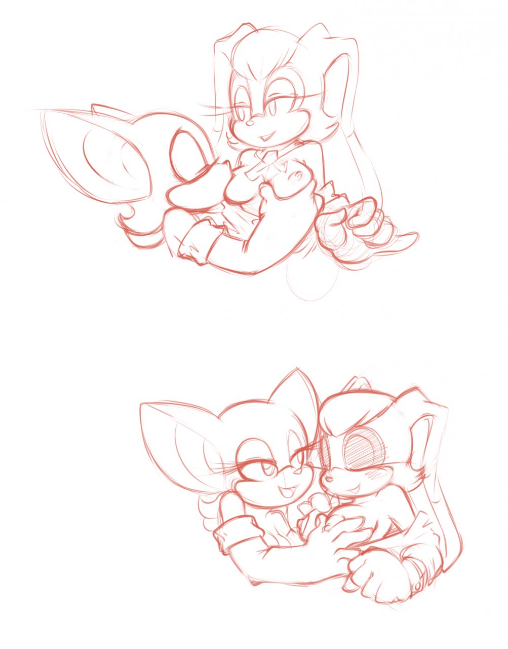 anthro bat breasts female female_only fur furry gloves interspecies monochrome multiple_females nipples rabbit rouge_the_bat sketch sonic_(series) tagme vanilla_the_rabbit yuri zinnthos