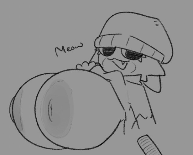 25circle, beanie, big breasts, breasts, cleavage, cute fang, felid, feline, female, furry, huge breasts, meow skulls (fortnite), monochrome, nipples, tagme