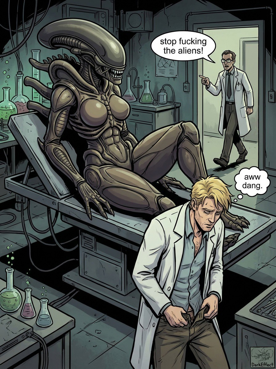 1girls, 2boys, ai generated, alien, alien (franchise), alien girl, breasts, cock blocked, darkeffect, english, english text, female, female xenomorph, femomorph, flask, glasses, jar, larger female, laying down, laying on table, meme, monster, monster girl, nightmare waifu, no nipples, scientist, smaller male, text, text bubble, thick thighs, unbuttoned, unbuttoned shirt, xenomorph, xenophilia, zipping up