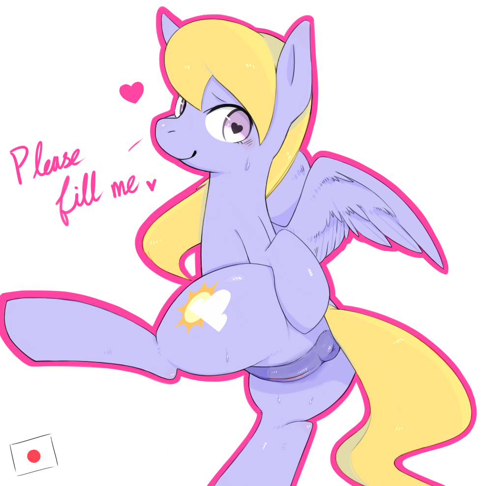 anus blonde_hair cloud_kicker_(mlp) english female friendship_is_magic heart-shaped_pupils horse inviting my_little_pony pony pussy solo sweat tail white_background wings