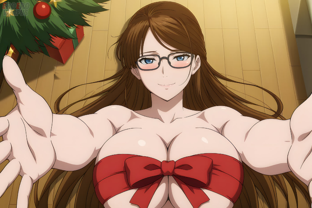 ai generated, big breasts, blue eyes, breasts, brown hair, christmas, curvy, eroero waifus, female, gift wrapped, gigantic breasts, glasses, huge breasts, human, kamen rider, light skin, light-skinned female, long hair, looking at viewer, massive breasts, mature female, okada yuriko, smiling, solo female, squatting, sweat, sweatdrop, thick body, thick female, toujima tanzaburou wa kamen rider ni naritai, voluptuous, voluptuous female, wrapped