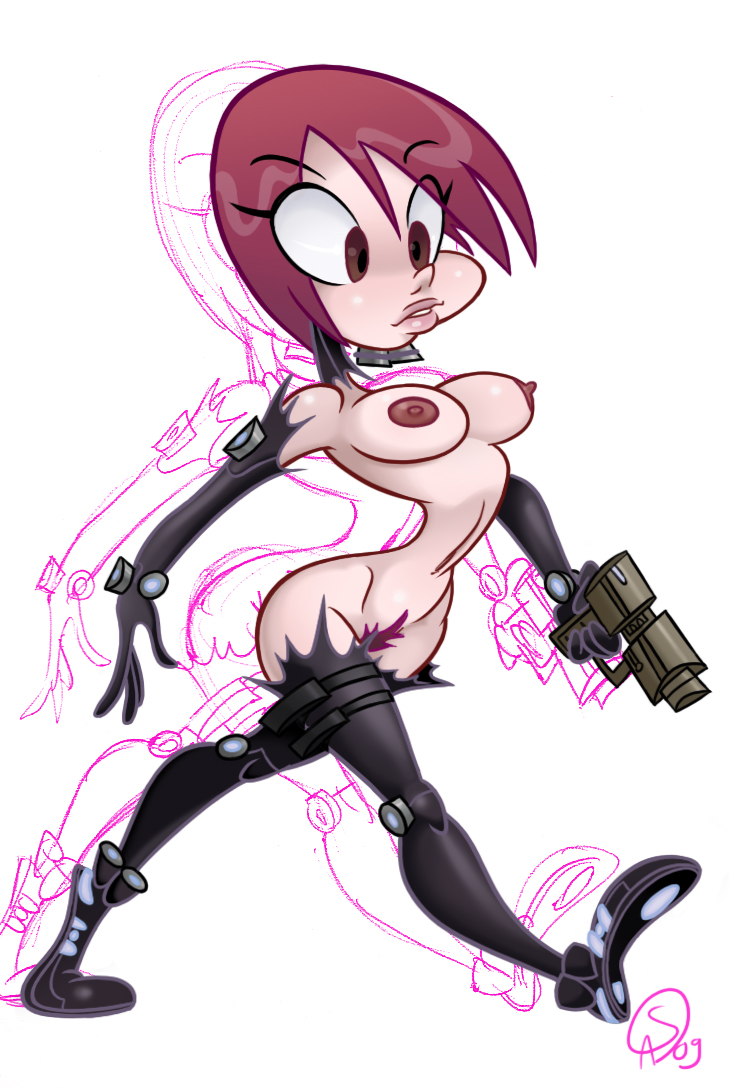 big_breasts bodysuit brown_eyes female female_only full_body functionally_nude gantz gantz_suit gantzcraziness gun kei_kishimoto latex_suit no_bra no_panties pink_hair pubic_hair rubber_suit short_hair solo thin_waist torn_clothes walking