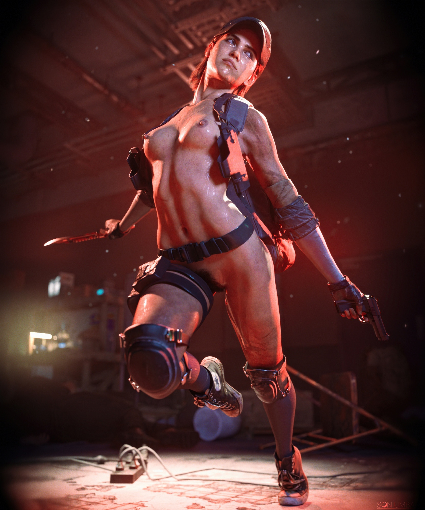 1girls, 2025, 3d, areolae, armor, belt, breasts, brown hair, cap, converse, dirty, dirty body, ellie (the last of us), ellie williams, escape, female, female only, female pubic hair, footwear, freckles, freckles on face, full body, functionally nude, green eyes, gun, hairy pussy, half updo, hat, holster, indoors, knee high socks, knee highs, kneehigh socks, kneehighs, kneepads, knife, medium hair, naked footwear, navel, nipples, nude, nude female, pistol, pubic hair, pussy, pussy hair, satisfied, satisfied look, shoes, shoulder holster, skipping, slim, slim body, small breasts, sneakers, solo, son umbasa, tactical gear, tactical nudity, the last of us, the last of us 2, thigh holster, thighs, toned, toned female, vulva, weapon