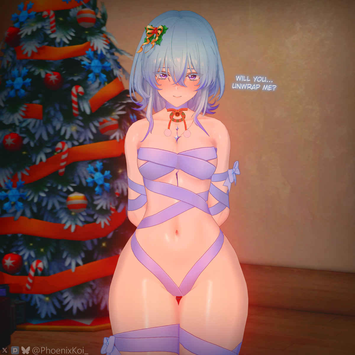 1girls, 3d, blue eyes, blue hair, blush, christmas, christmas outfit, christmas tree, female, imminent sex, mostly nude, navel, phoenixkoi, solo, text, the shorekeeper (wuthering waves), thighs, whitekoi, wrapped, wrapped up, wuthering waves