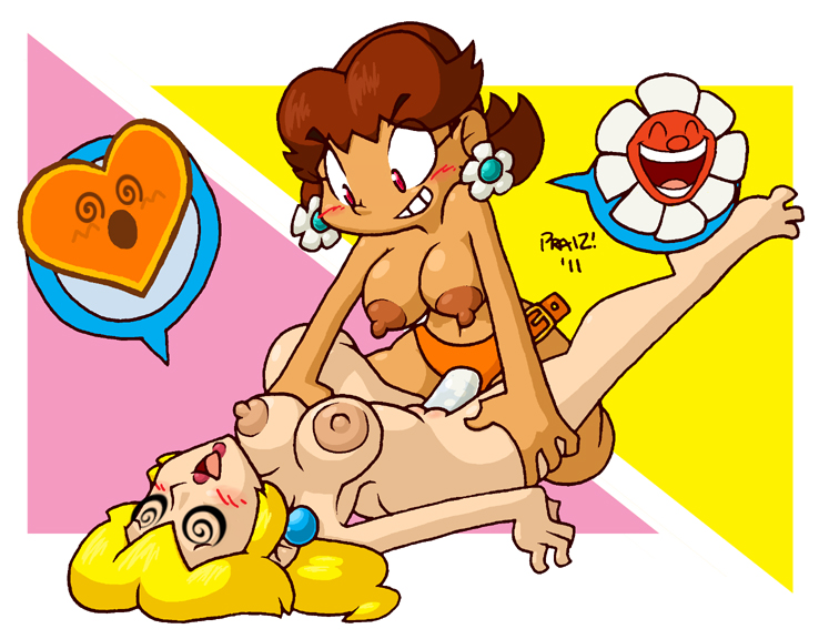 blush breasts color female female_only human mario_(series) multiple_females multiple_girls nintendo nipples piercing praiz princess_daisy princess_peach strap-on super_mario_bros. super_princess_peach tagme yuri