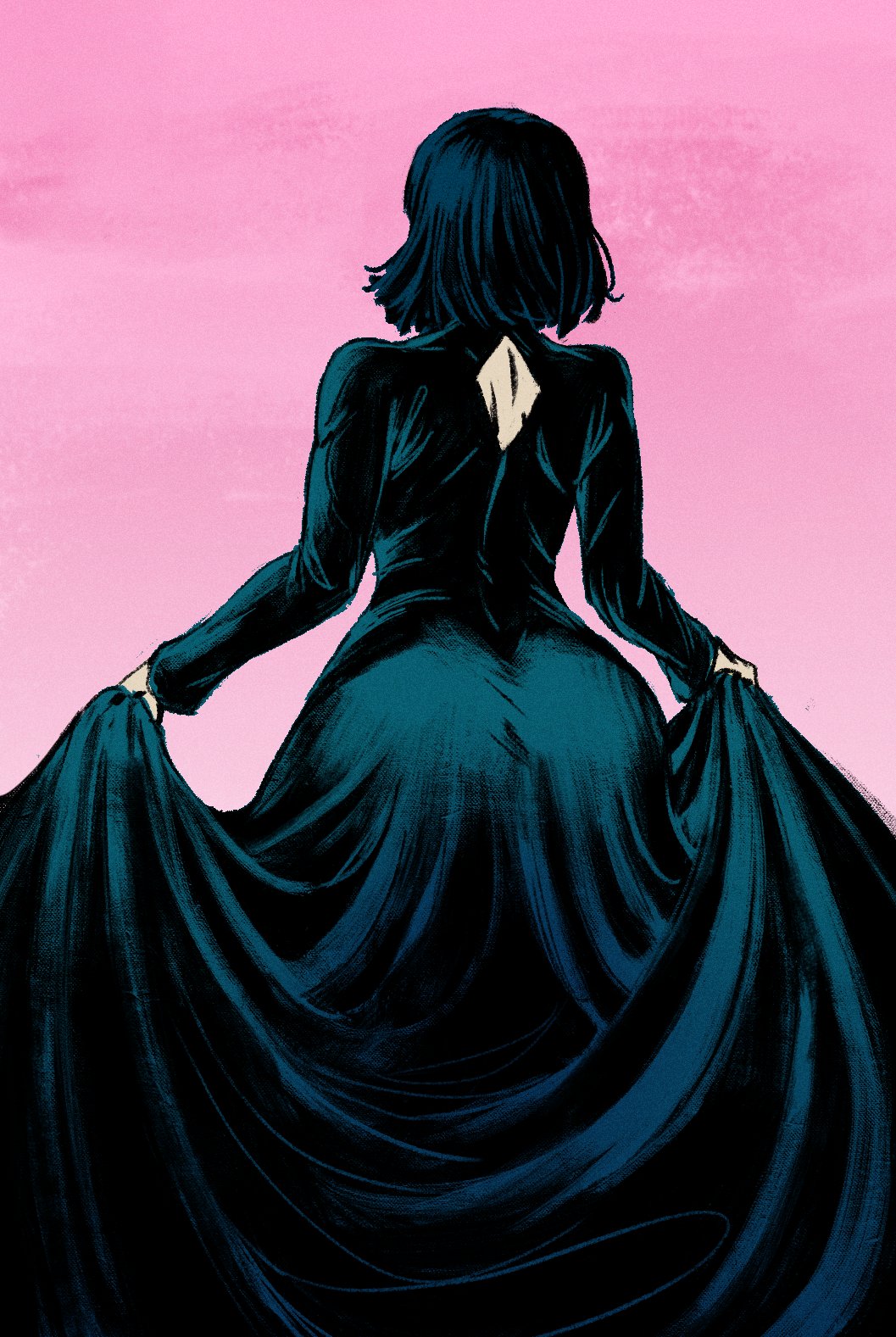 1girls, ass, ass focus, ass in dress, back, back focus, back muscles, back view, big ass, bottom heavy, bottom heavy female, butt, butt focus, clothed, clothed female, clothes, clothes pull, clothes tug, clothing, dress, dress lift, female, female focus, female only, fubuki (one-punch man), jade hair, one-punch man, redblacktac, solo, solo female, solo focus, tagme