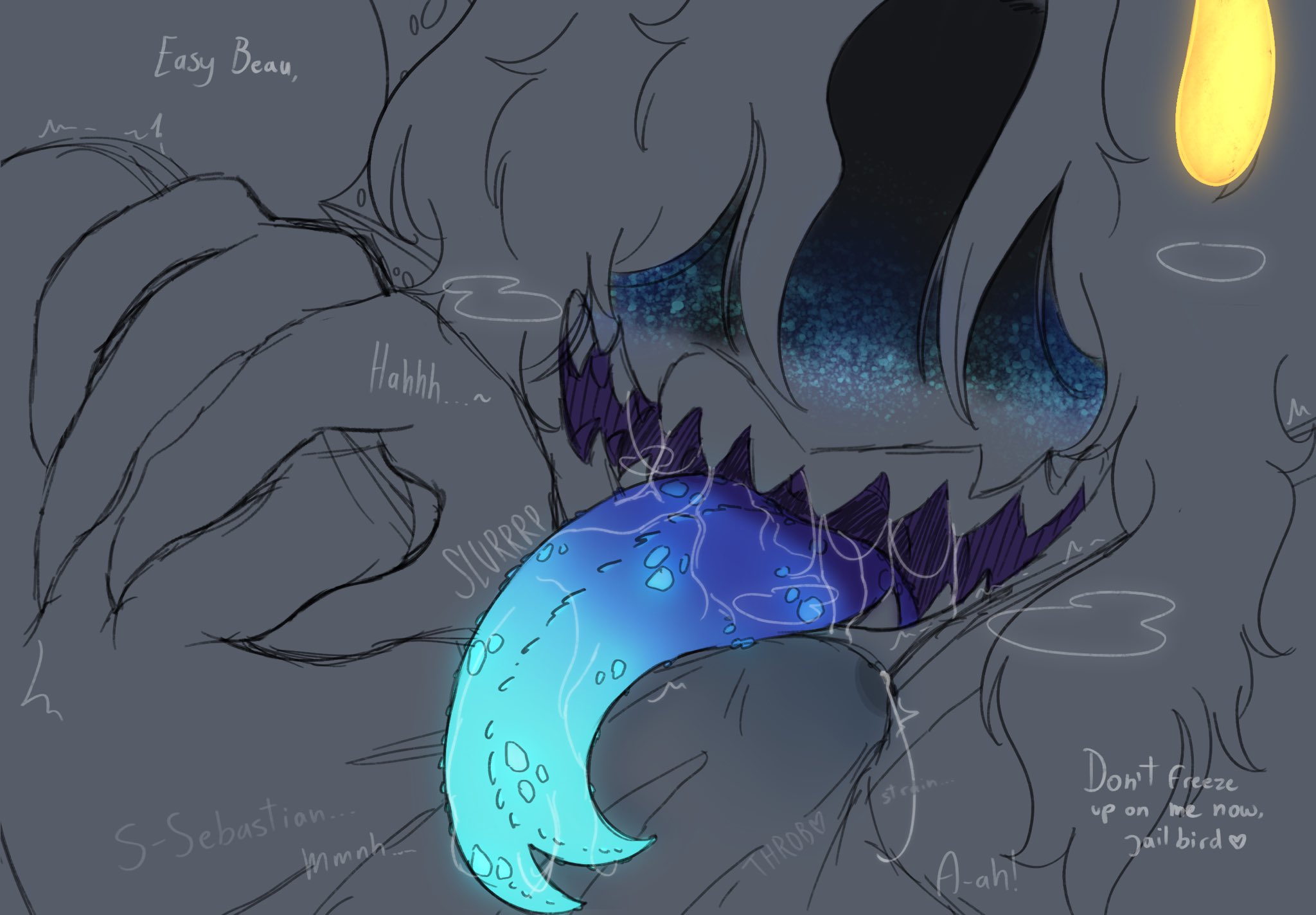 1human, 1monster, 2025, 2boys, 2d, 2d (artwork), 2d artwork, 2male, altern8 69, blue tongue, blush, blushing male, bulge through clothing, clawed fingers, claws, covered eyes, dialogue, digital, digital art, digital drawing, digital drawing (artwork), digital media, digital media (artwork), drool, drooling, duo, duo focus, ear fins, english, english dialogue, english text, erect penis, erection, erection under clothing, eyes covered, eyes covered by shadow, fin ears, forked tongue, gay, gay sex, hand on leg, human, human male, lure (anatomy), male, male focus, male human, male human/male monster, male monster, male only, male/male, merfolk, merman, moaning, moaning in pleasure, monster, monster boy, monster male, motion lines, oc, oc character, oc x canon, ocxcanon, open mouth, original character, pants bulge, penis bulge, penis outline, precum, precum through clothing, precum through pants, pressure (roblox), roblox, roblox game, sebastian solace, selfship, shadow over eyes, sharp teeth, short hair, steamy breath, text, throbbing bulge, throbbing penis, tongue, tongue out, touching bulge, twitter link, unseen character, unseen male, yaoi