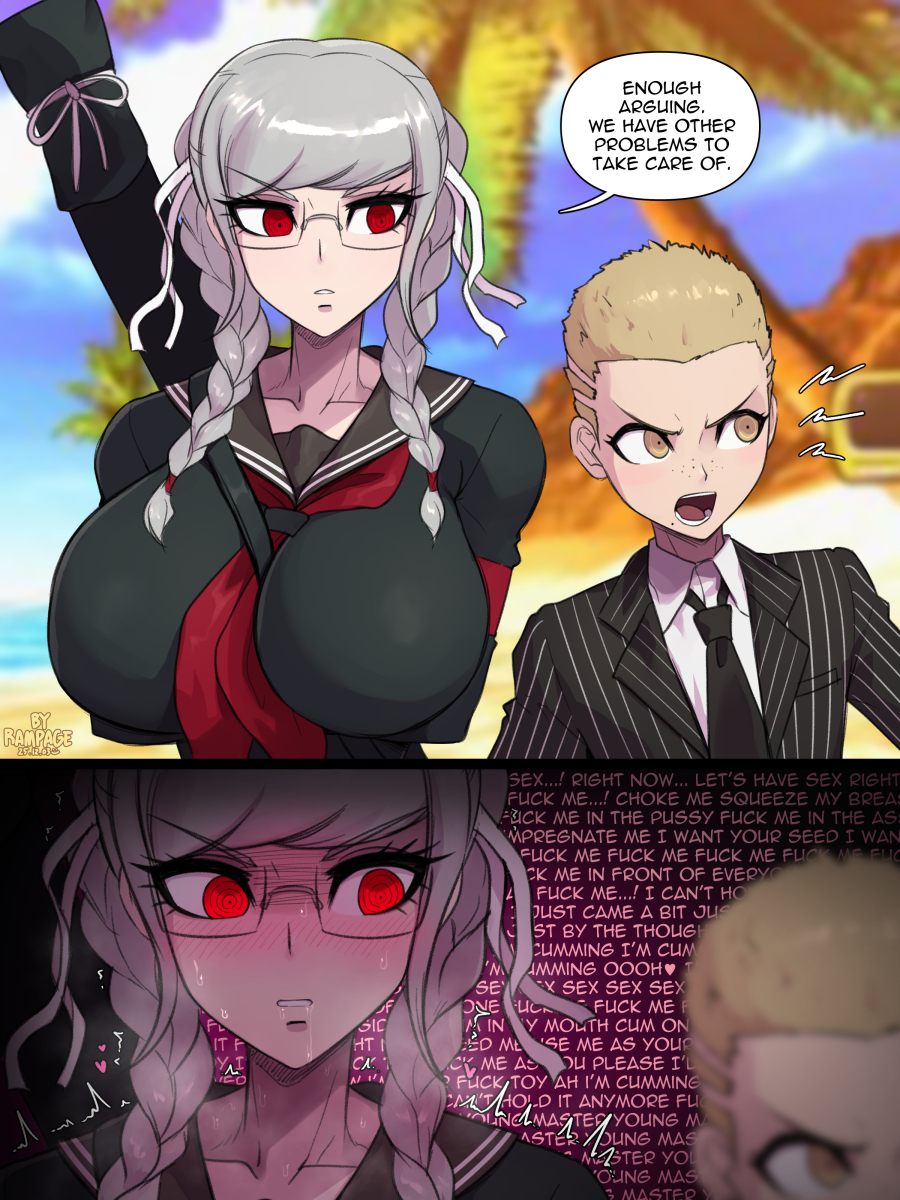 1boy, 1girls, 2025, big breasts, danganronpa, danganronpa 2: goodbye despair, dialogue, drooling, english text, fuyuhiko kuzuryuu, hi res, high resolution, highres, huge breasts, inner thoughts, large breasts, massive breasts, pekoyama peko, pervert, perverted, rampage0118, red eyes, school uniform, spike chunsoft, text, wall of text, white hair