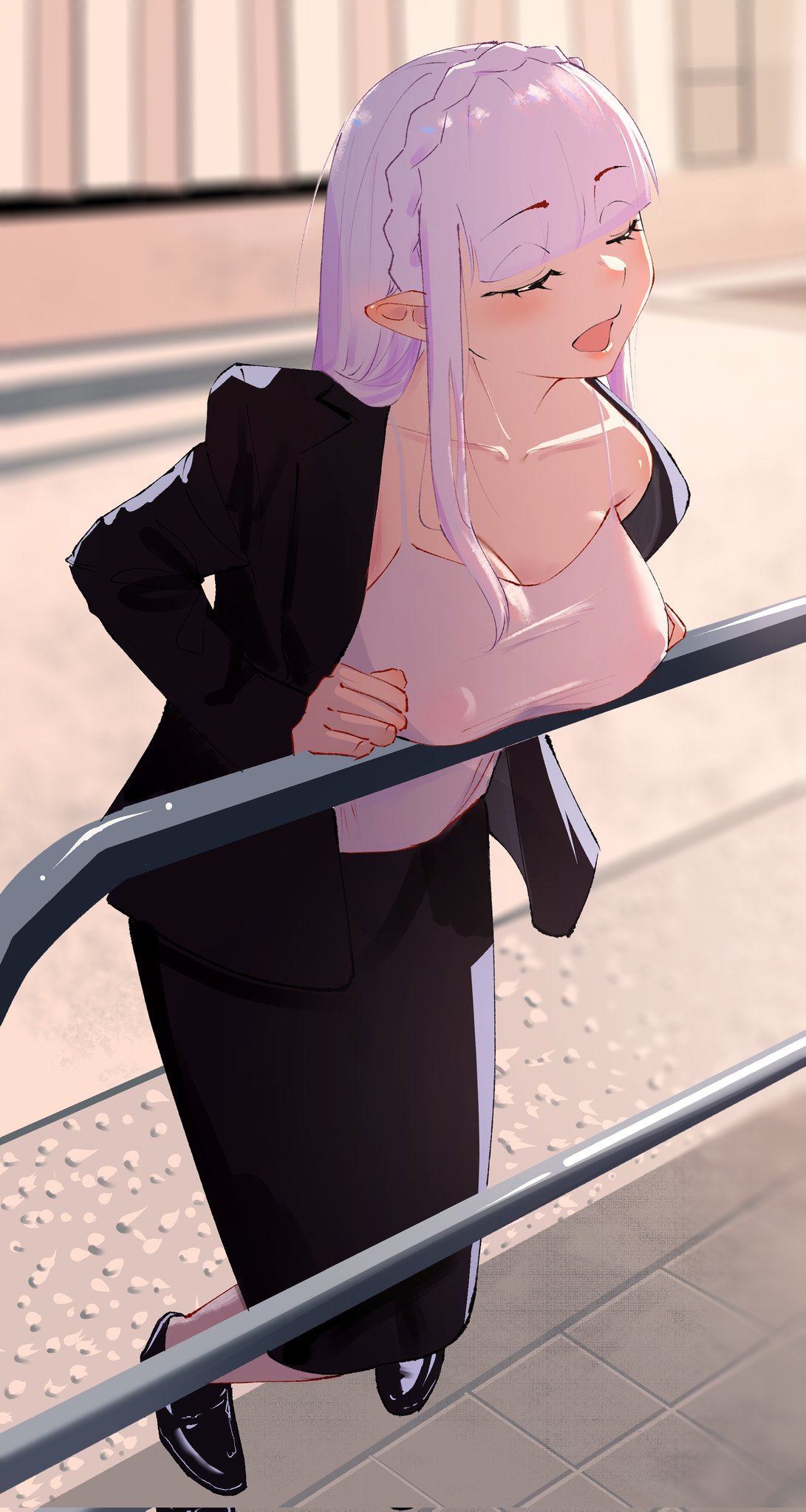 1girls, babywipes, boobs, breasts, breasts focus, elf, elf ears, elf female, emilia (re:zero), nipples, nipples visible through clothing, office clothing, office lady, open clothes, purple eyes, re:zero kara hajimeru isekai seikatsu, silver hair, solo, standing, suit, undressing