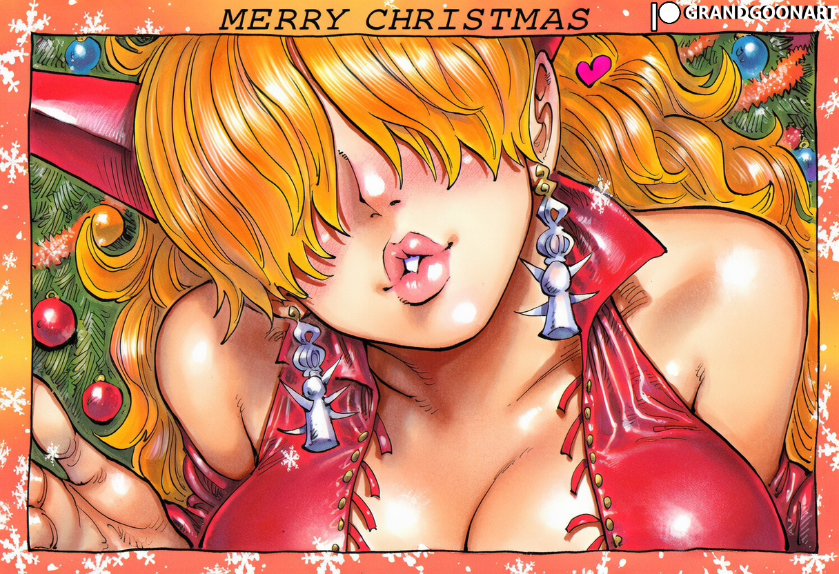 1girls, accurate art style, ai generated, big breasts, blonde-haired female, breasts, christmas, christmas clothing, christmas outfit, christmas present, female, female focus, female only, grandgoonart, holidays, juicy lips, kissing, lips, lipstick, manga, manga cover, manga page, manga style, one piece, patreon, patreon username, sadi (one piece), sadi-chan, santa costume, santa hat, shonen jump, solo, solo female, solo focus