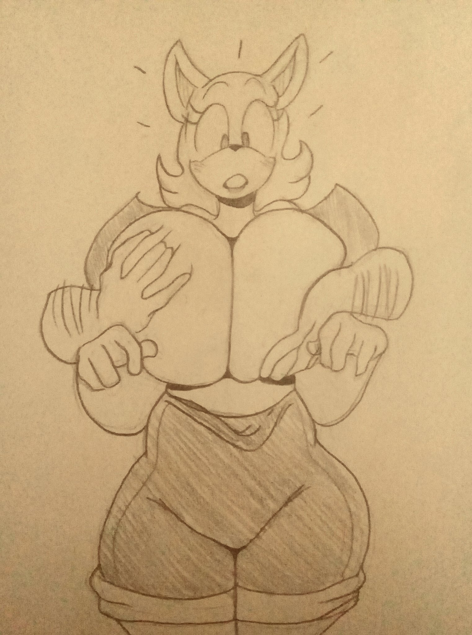 !, big breasts, breast grab from behind, breasts, breasts out, detnox, disembodied hands, female, furry, male, partially clothed, rouge the bat, sketch, sonic (series), touching breast, traditional art, uncolored, unseen male face