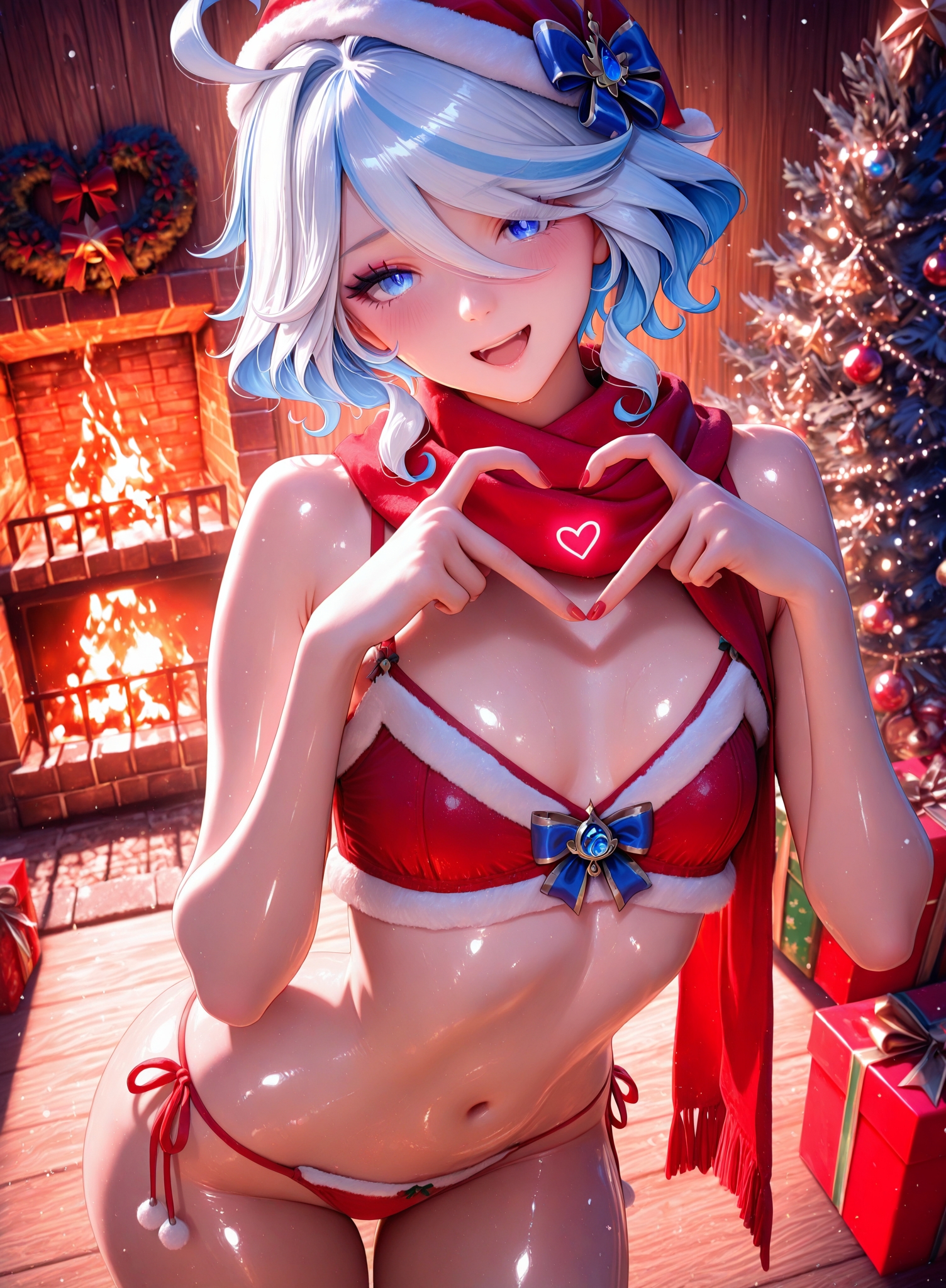 :d, 1girls, 2025, ai generated, anatomically correct, blue eyes, blue hair, bra, chimney, christmas, christmas clothing, christmas hat, christmas headwear, christmas outfit, christmas present, christmas tree, cozy, curvy, curvy body, curvy female, curvy figure, dim lighting, dutch angle, eyelashes, eyeshadow, female only, fire, fit, fit female, flat belly, fontaine girls, front view, furina (genshin impact), genshin impact, happy, happy female, heart hands, high quality, high resolution, highres, hoyoverse, lovely, medium hair, merry christmas, mihoyo, navel, panties, red fingernails, scarf, shiny skin, skinny, skinny female, slim, slim waist, small breasts, solo, solo female, stable diffusion, stomach, string panties, underwear, wooden floor, wooden wall, yamatohentaiai
