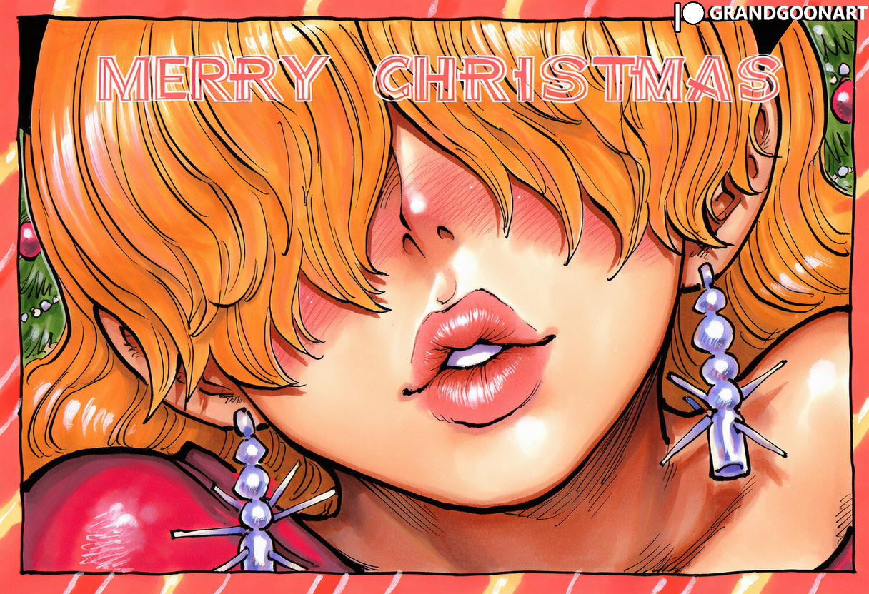 1girls, accurate art style, ai generated, big breasts, breasts, christmas, christmas clothing, christmas outfit, christmas present, female, female focus, female only, grandgoonart, holidays, juicy lips, kissing, lips, lipstick, manga, manga cover, manga page, manga style, one piece, orange hair, orange-haired female, patreon, patreon username, sadi (one piece), sadi-chan, santa costume, santa hat, shonen jump, solo, solo female, solo focus