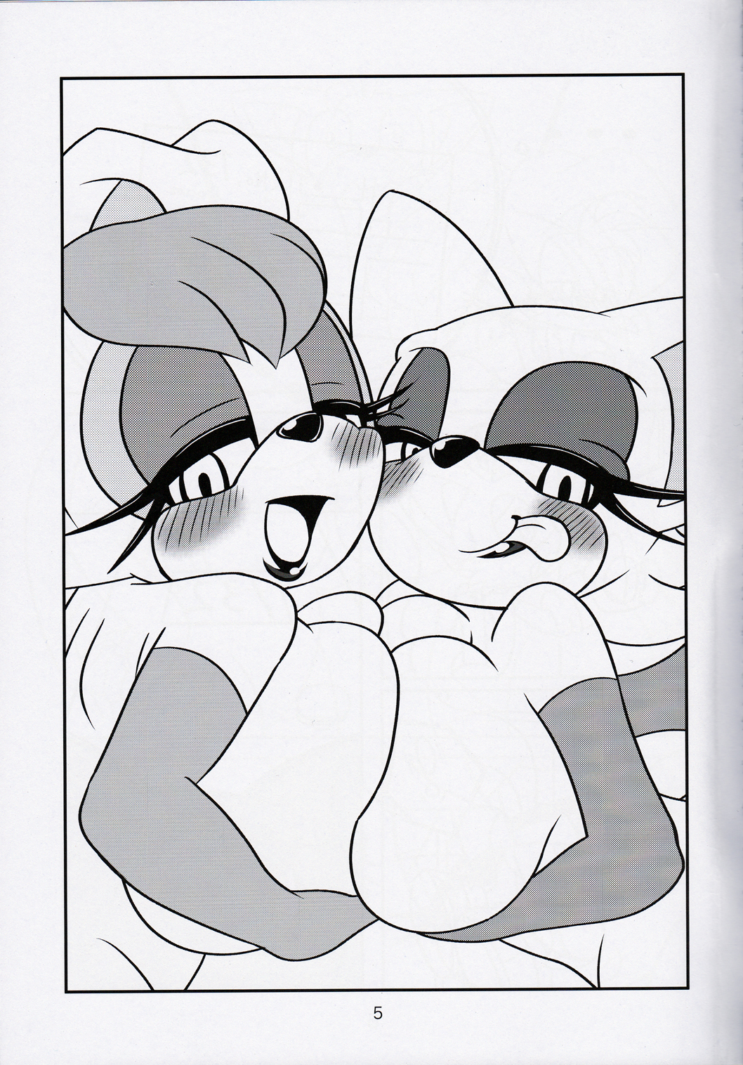 2013 anthro bat big_breasts blush breast_squish breasts canned_furry_2 comic female female_only fur furry huge_breasts lagomorph michiyoshi monochrome multiple_females nude open_mouth rabbit rouge_the_bat sega sonic_(series) symmetrical_docking tongue tongue_out vanilla_the_rabbit yuri