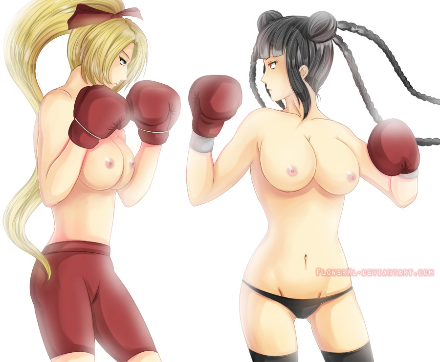 2girls ayane's_high_kick big_breasts black_hair black_panties black_thighhighs blonde_hair boxing boxing_gloves boxing_stance braided_hair breasts clothing curvy duo female female_only flowerxl gloves hair_buns light-skinned_female light_skin looking_at_each_other multiple_girls nipples panties ponytail red_boxing_gloves red_gloves red_shorts sakurako_miyagawa shorts thick thick_hips thick_thighs thighhighs thighs tied_hair topless topless_boxing white_background wide_hips xiu_ying