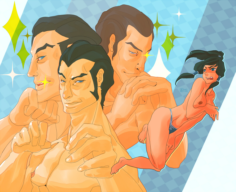 1girls 2boys amon areolae avatar_legends breasts dark-skinned_female dark_skin female humiliation korra large_breasts male nipple noatak panties smooth_skin tarrlok the_avatar the_legend_of_korra topless water_tribe