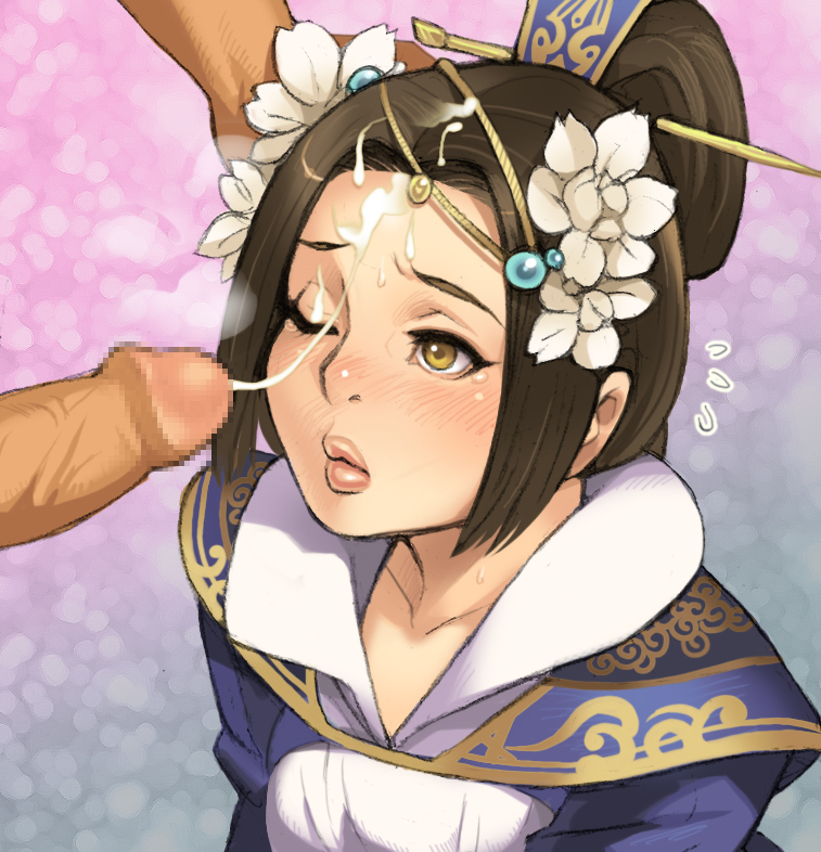 blush brown_eyes brown_hair cai_wenji censored chinese_clothes cum cum_string faceless_male facial female flower hair_flower hair_ornament hair_stick half_updo hand_on_another's_face long_hair maou_alba mosaic_censoring nose penis pointless_censoring sangokushi_taisen shin_sangoku_musou solo solo_focus tears wince