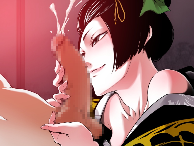 black_eyes black_hair blush caressing_testicles censored character_request copyright_request cum ejaculation female geisha hand_on_balls handjob liar-soft lowres male maybe off_shoulder penis short_hair smile