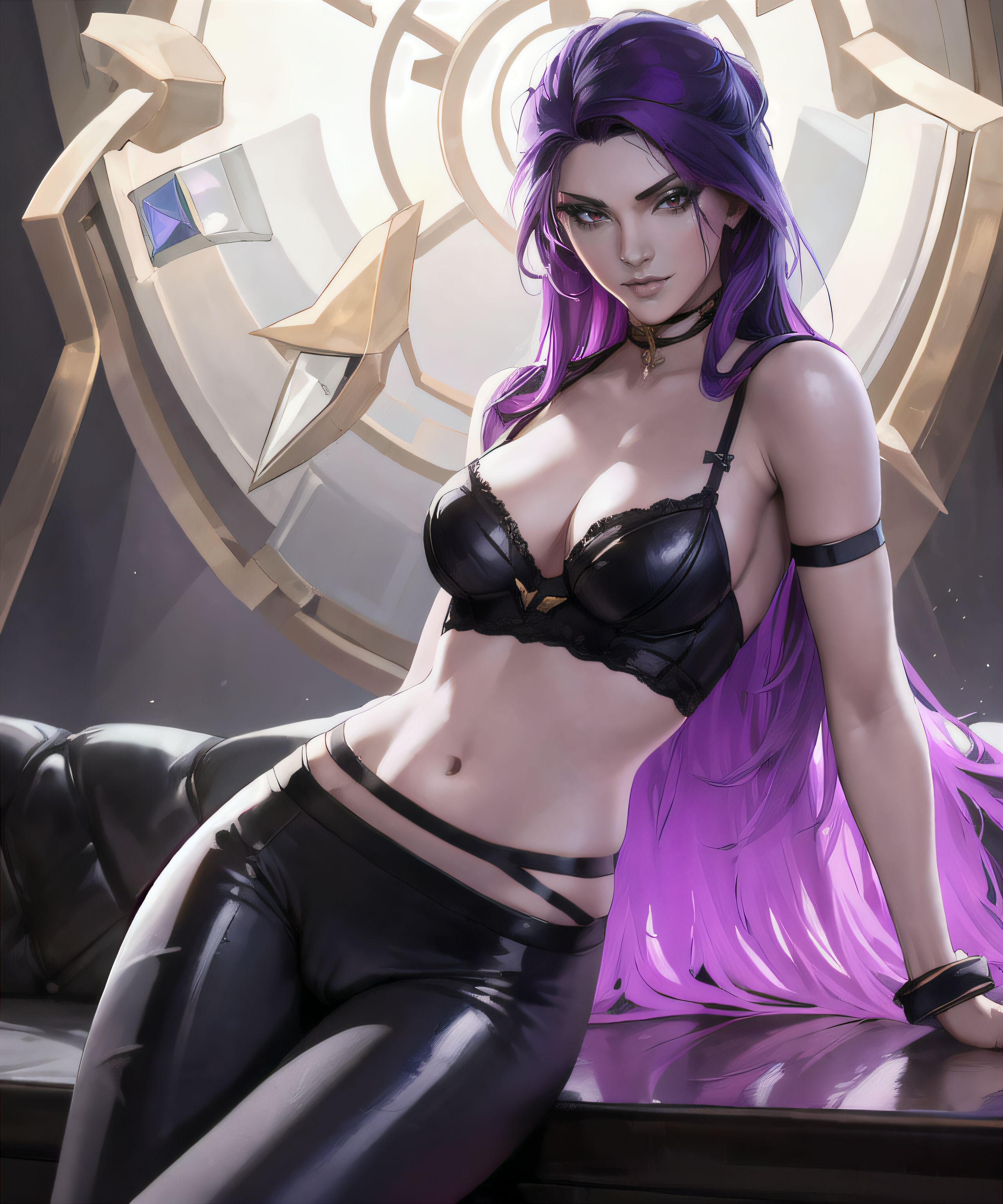 absurd res, ai generated, female, female only, k/da kai'sa, k/da series, kai'sa, latex, league of legends, stable diffusion, tight clothing, violet hair, wide hips