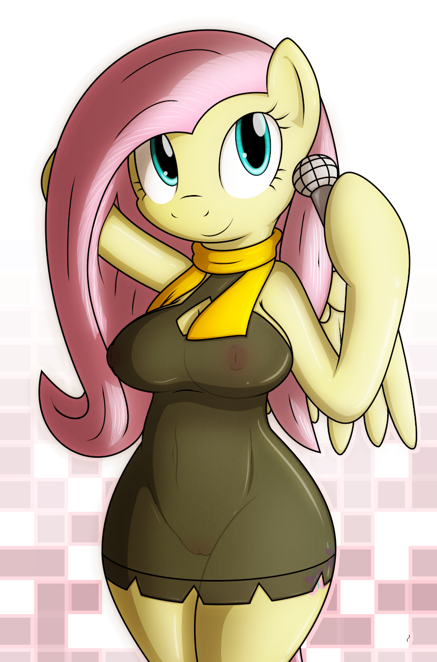 anthro big_breasts blue_eyes breasts clothes cutie_mark dress equine female fluttershy_(mlp) friendship_is_magic hair horse long_hair looking_at_viewer microphone my_little_pony navel nipples pegasus pink_hair pussy scarf smile solo straight_hair tg-0 wide_hips wings