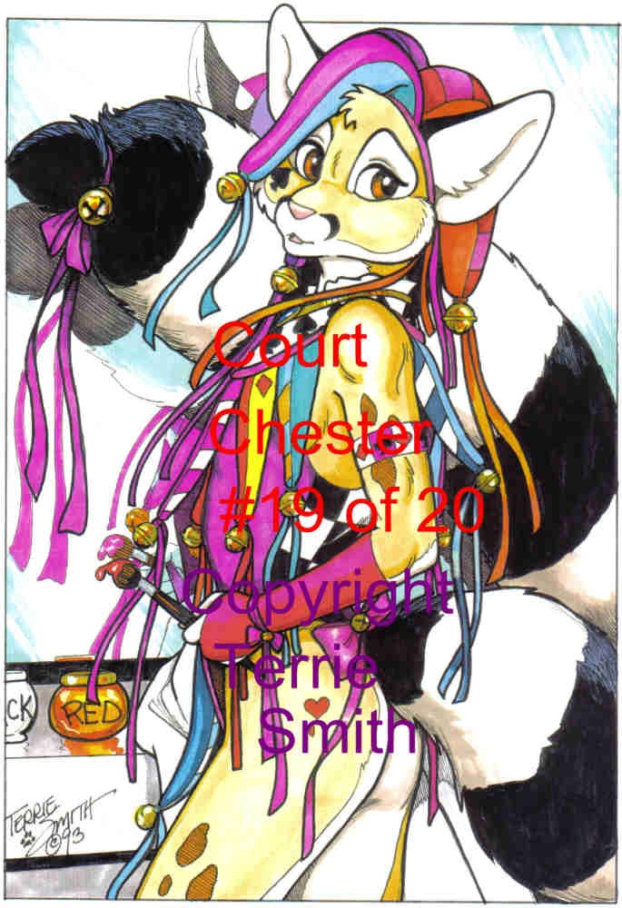 1990s 1993 20th_century 90s anthro bassarisk chester_ringtail_magreer furry jester male male_only miner’s_cat ring-tailed_cat ringtail solo solo_male terrie_smith watermark