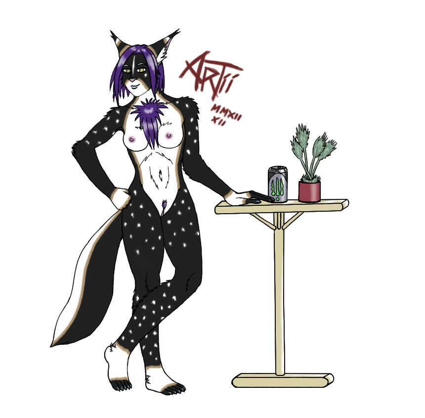 anthro artiiluchs blue_lipstick can chest_tuft feline female fur fur_marks furry hair holly_starflake hybrid nipples nude plain_background plantigrade potted_plant purple_hair solo table white_background yellow_eyes