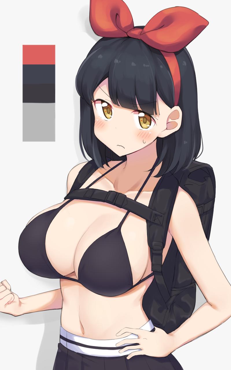 backpack bag bikini bikini_top black_bikini black_hair blush bra breasts clenched_hand female hair_ornament hair_ribbon hand_on_hip highres large_breasts looking_at_viewer mukuba original red_ribbon ribbon skirt solo solo_focus swimsuit underwear yellow_eyes