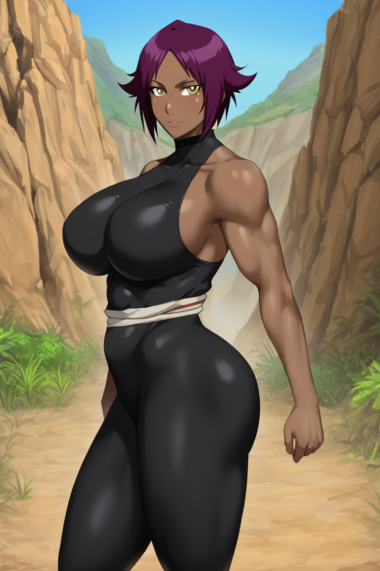 ai_generated bleach breasts kunaboto_(style) looking_at_viewer shihouin_yoruichi uglyx_(artist)