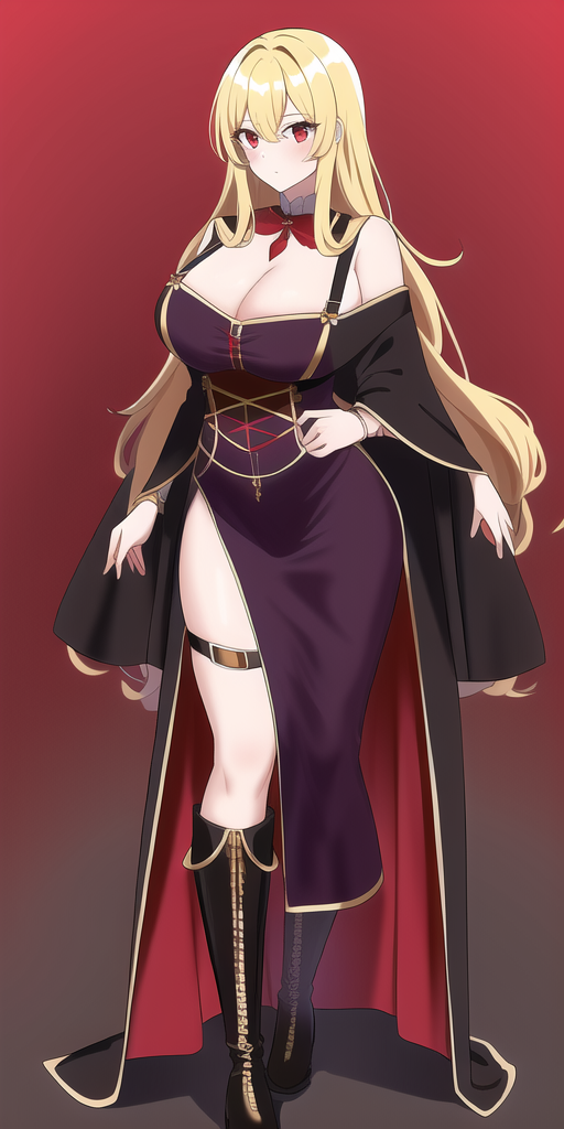 4_arms absurdly_long_hair ai_generated black_cape blonde_hair boots cape cleavage collared_dress combat_boots dress exposed_thighs gold_(metal) gold_trim kanipal_onayu large_breasts novelai portrait purple_dress red_cape red_eyes solo succubus thick_thighs thigh_cutout thigh_gap thigh_strap