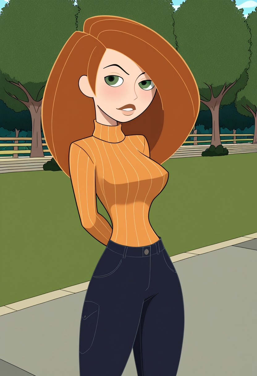 ai_generated arms_behind_back big_breasts cargo_pants civitai green_eyes kim_possible kimberly_ann_possible knitted_sweater large_breasts long_hair orange_hair small_waist sweater