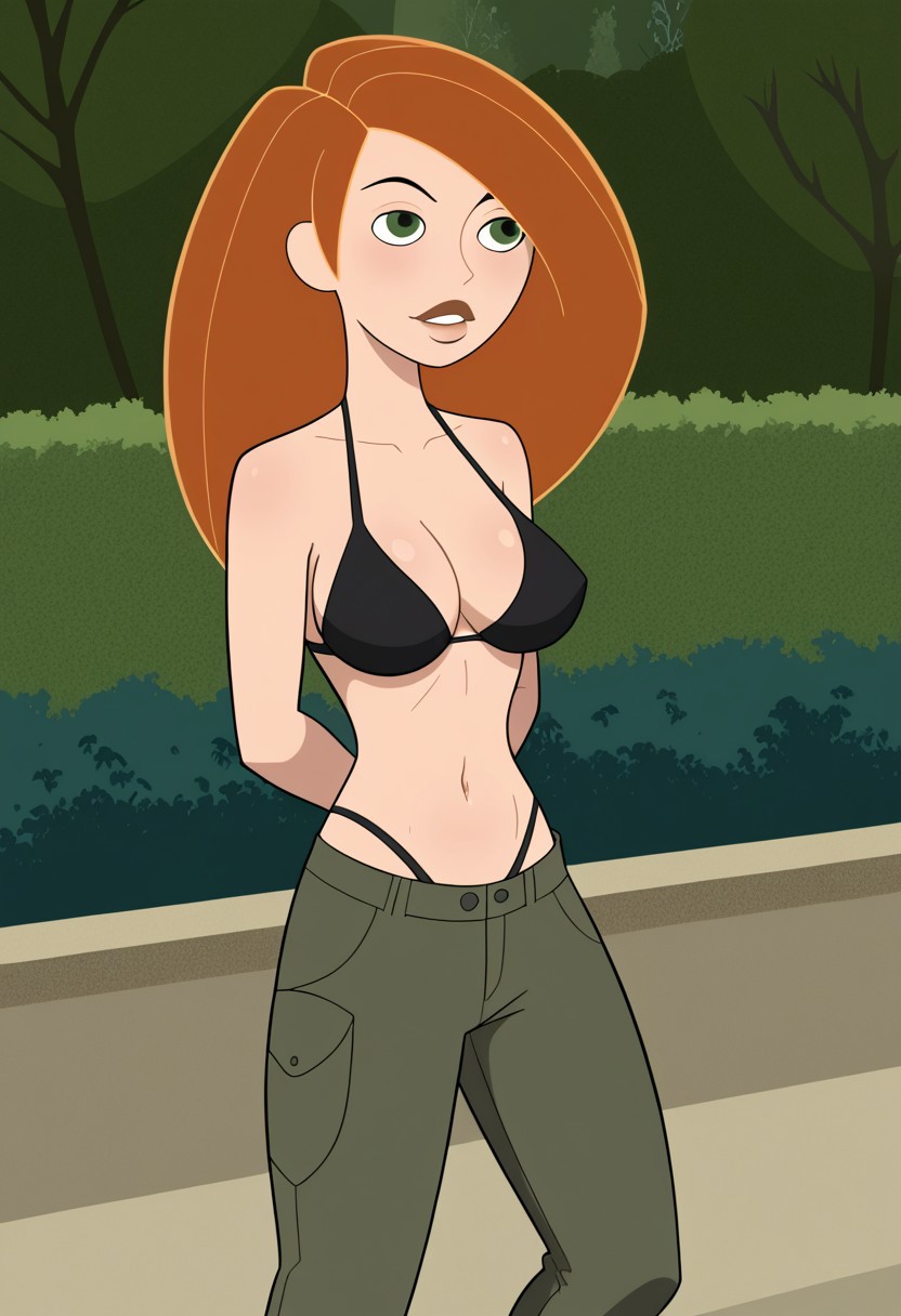 ai_generated arms_behind_back big_breasts bikini bikini_top cargo_pants civitai green_eyes kim_possible kimberly_ann_possible large_breasts long_hair orange_hair small_waist