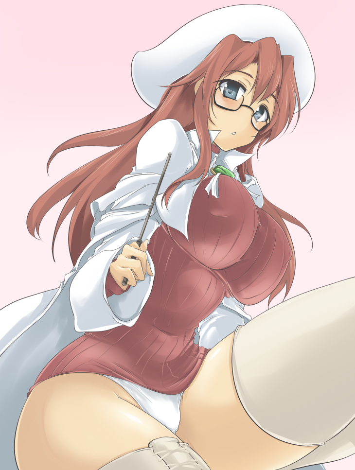 aty blue_eyes bottomless breasts curvy glasses grey_eyes hat hips huge_breasts impossible_clothes impossible_shirt legwear long_hair momio no_pants panties pointer red_hair shortened_garment summon_night summon_night_2 summon_night_3 thick_thighs thigh-highs thighhighs thighs underwear wand wide_hips