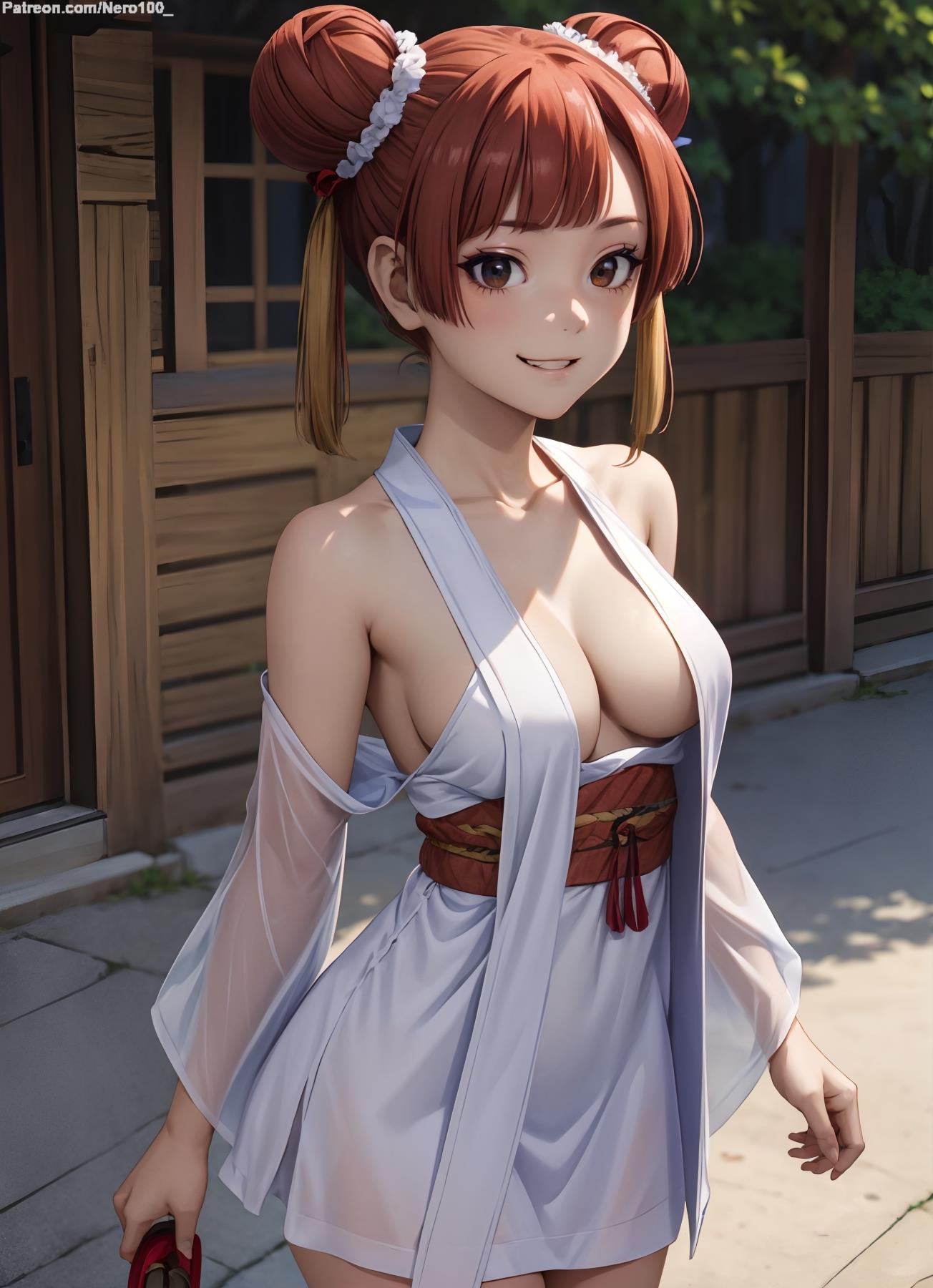 1girls 2d ai_generated athletic athletic_female belly big_breasts chest eyelashes eyeshadow female female_only fit fit_female focus frieren_beyond_journey's_end hair_bun high_quality kimono large_breasts laufen_(sousou_no_frieren) legs looking_at_viewer makeup mascara midriff naked nero100 orange_eyes orange_hair outdoors seductive seductive_look short_hair sousou_no_frieren thighs