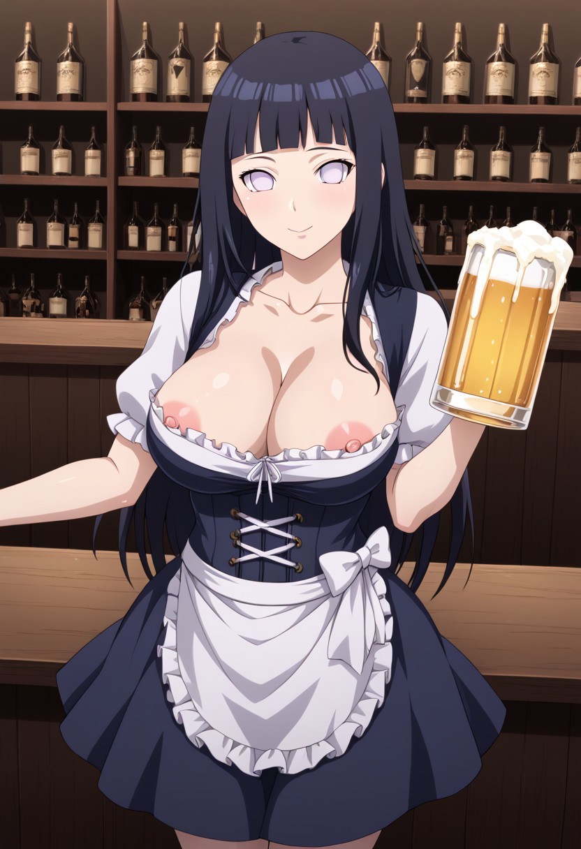 ai_generated beer beer_bottle big_breasts black_hair civitai dirndl holding_object hyuuga_hinata large_breasts long_hair naruto naruto_(series) naruto_shippuden nipple_slip nipples no_pupils